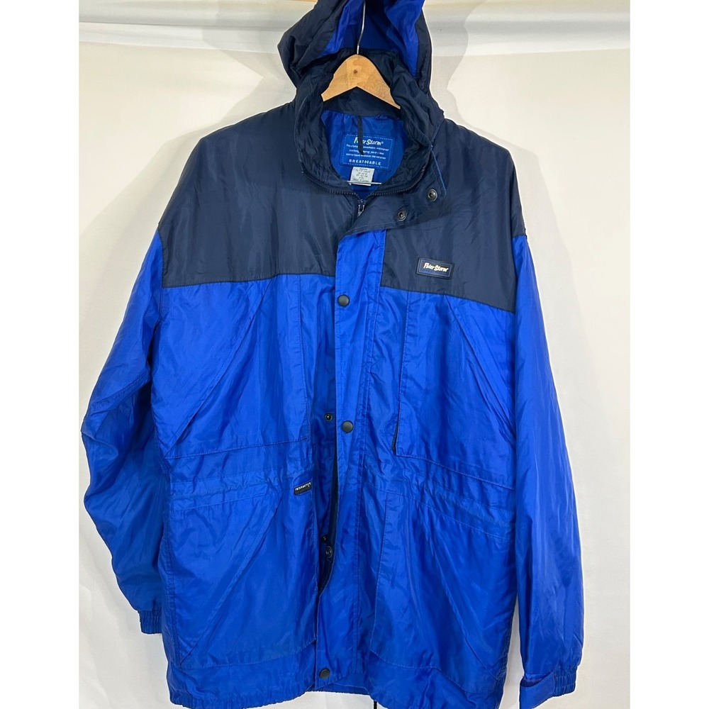 Peter Jensen Hooded Multi-Pocket Mens Windbreaker Waterproof Blue Zip Button Med